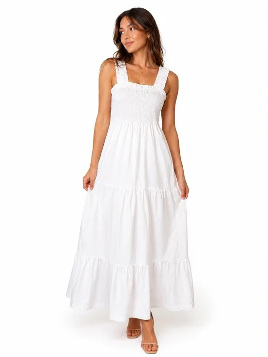Abercrombie White Maxi Dress XST Smocked Bodice Ruffle Strap Dress
