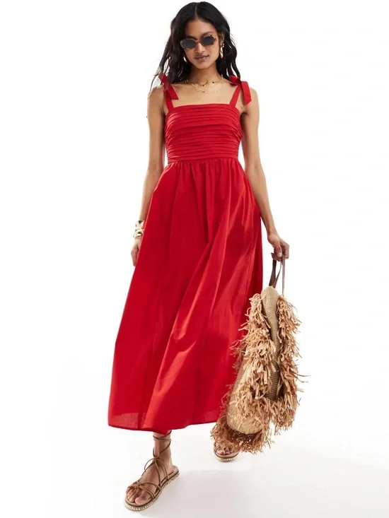 Abercrombie & Fitch Emerson Tie Strap Maxi Dress Red Salsa L Large Cotton Blend