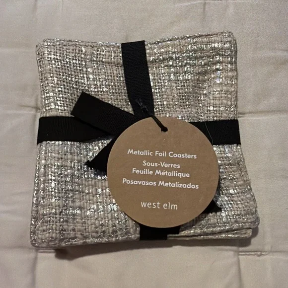 WEST ELM ~ Metallic Foil Drink Coasters SILVER SET OF 6  4