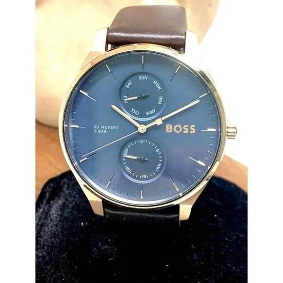 Hugo Boss Mens Watch 1514103 Tyler Quartz Rose Gold Blue Dial Brown Leather 43mm