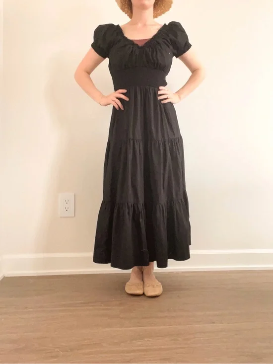 Abercrombie & Fitch Black Puff-Sleeve Tiered Maxi Dress