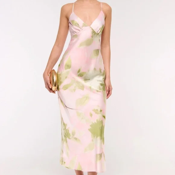 NWT Abercrombie & Fitch M Satin Julia Slip Tie-Back Maxi Dress Light Pink Floral