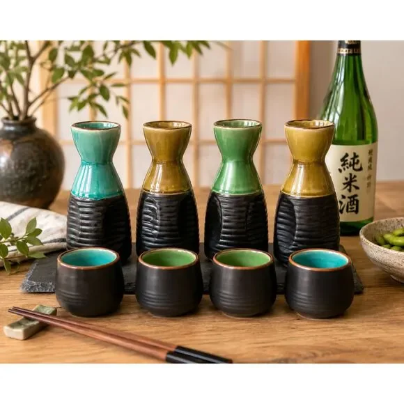 Sake Set 8pc Tokkuri Ochoko Ceramic Multicolor Glaze Japanese Style Gift Set Bar