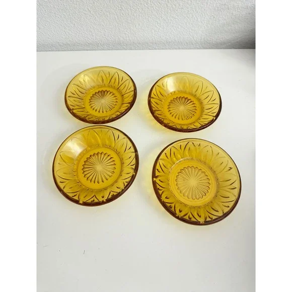 Vintage Amber Glass Coasters Starburst Petal Sunburst Butter Pats Set of 4