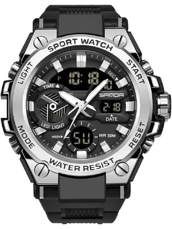 Men's Black And White Analog Quartz Sports Waterproof Military LED Digital Watch