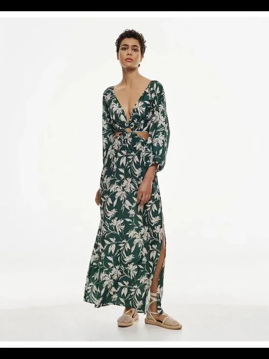 NWT Abercrombie & Fitch Maxi Dress XS Long Sleeve Plunge Cutout Green Floral