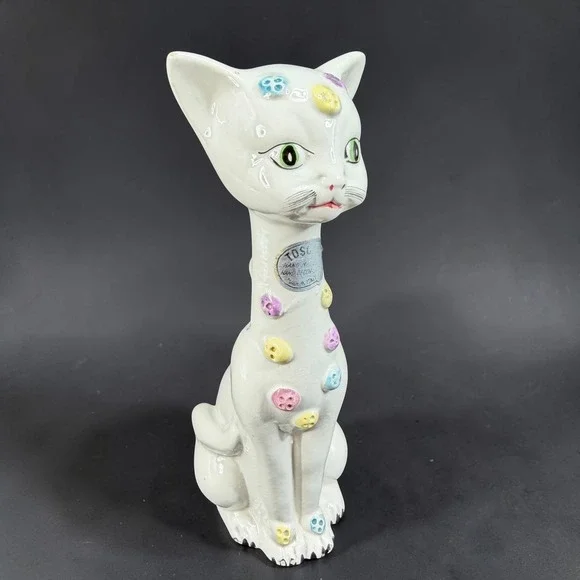 Vintage Tosca Italy Ceramic Cat Figurine MCM Hand Painted White Pastel Buttons