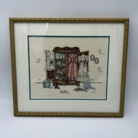 Vtg Embroidered Cross Stitched Wall Art Fashion Victorian Decor Matted Framed