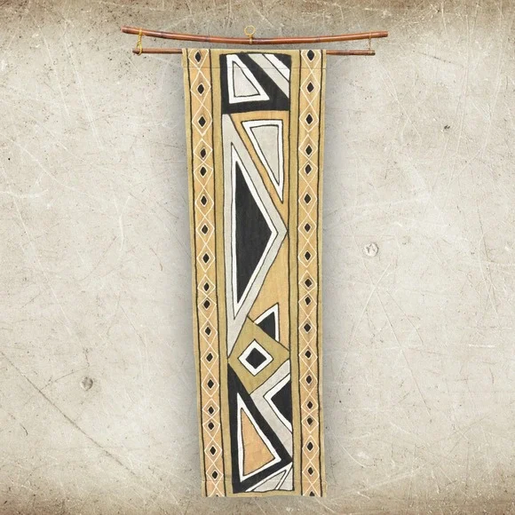 African Mud Cloth Wall Hanging Geometric Hand Painted Textile Art w/ Bamboo Rod