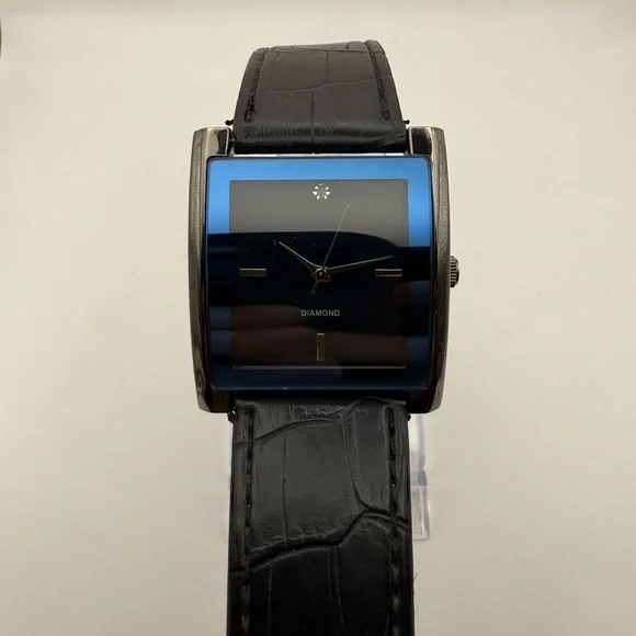 Men's Genuine Diamond Dial Wristwatch Black Band - Silver Bezel (New Battery)