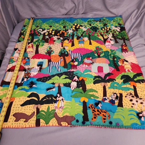 Handmade VTG Folk Art Peruvian Tapestry‎ Appliqued Dolls Animals Trees Colorful