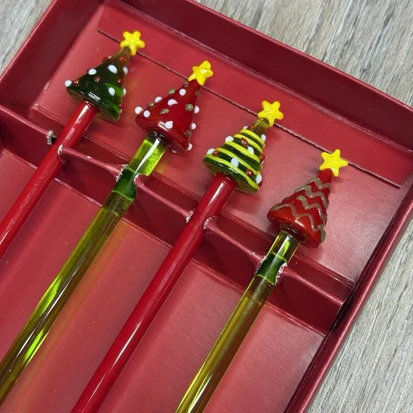 PIER 1 IMPORTS Glass Swizzle Stir Sticks Lot Of Four (4) Christmas Trees Stars