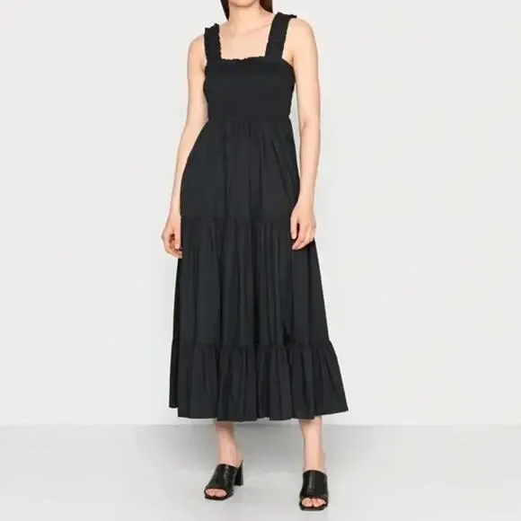 Abercrombie & Fitch Smocked Tiered Maxi Dress Size XLP Black Boho Summer Cottage