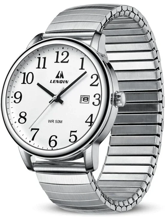 Men's Silver Analog Quartz Stainless Steel Easy Reader Waterproof Wrist Watch