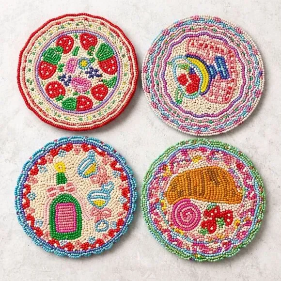 For Love & Lemons Beaded Coasters Set of 4 NWT Handmade Treat Motif