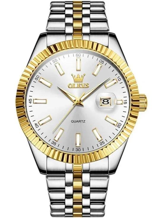 Olevs Mens Silver Gold Luxury Stainless White Face Analog Quartz Luminous Watch