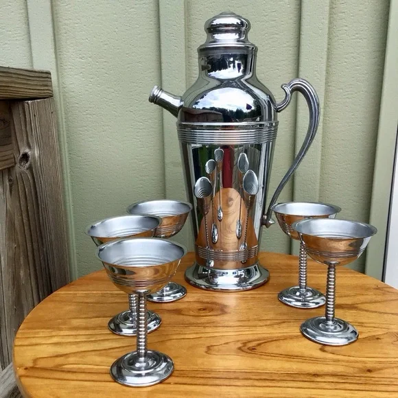 Vintage Stainless Chrome MCM Cocktail Shaker Pitcher with Goblets