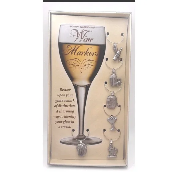 Boston Warehouse Wine Markers Set of 6 Metal Drink Charms Vintage 2001 18337