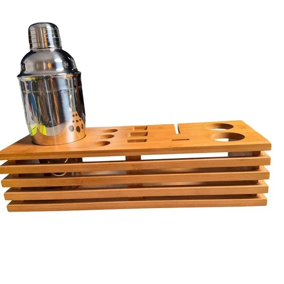 Bamboo Bar Tool Organizer Stand Brown Cocktail Shaker Bartender Hosting Decor