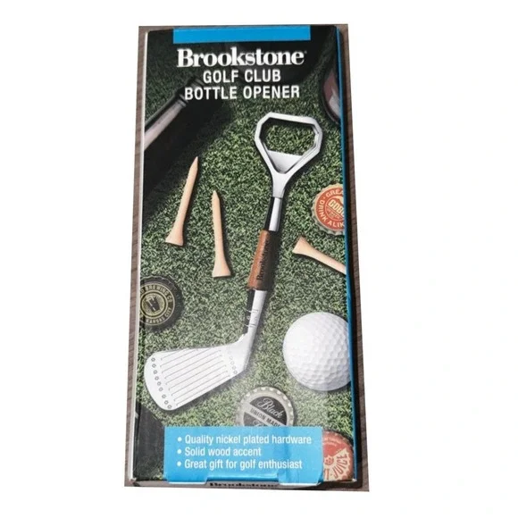 Brookstone Golf Club Bottle Opener Nickel Plated Wood Accent Bar Tool Gift New