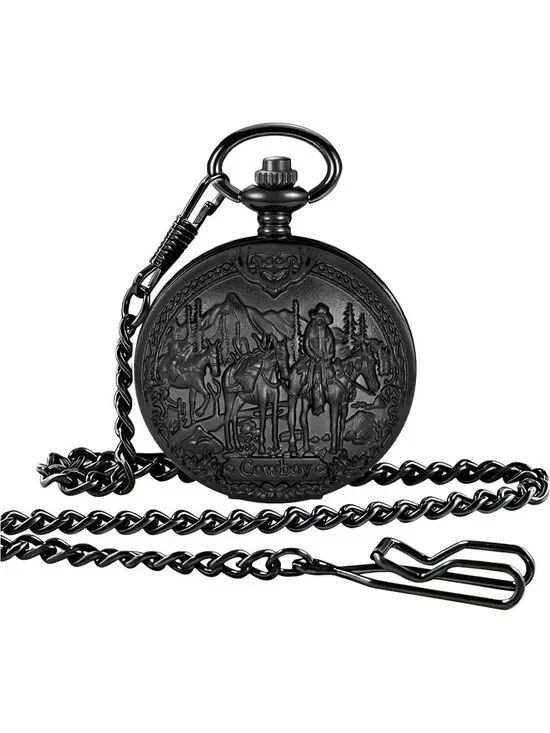 Men's Black Analog Quartz Arabic Numerals Engraved Cowboy Vintage Pocket Watch