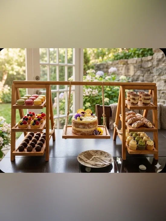 Wooden Tiered Dessert Display Stand with Hanging Center Tray - Natural