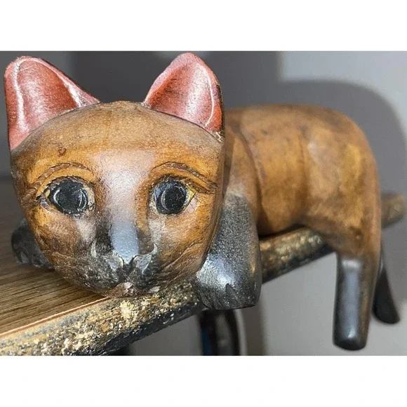 VTG Hand Carved Wood Cat Shelf Sitter Whimsical Siamese Figurine 1980s Folk Art