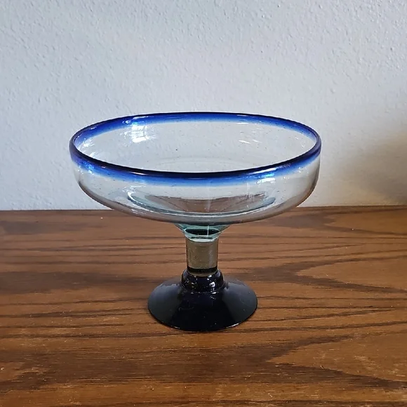 Oversized Hand Blown Margarita Glass/Bowl Cobalt Blue Rim Mexican Barware