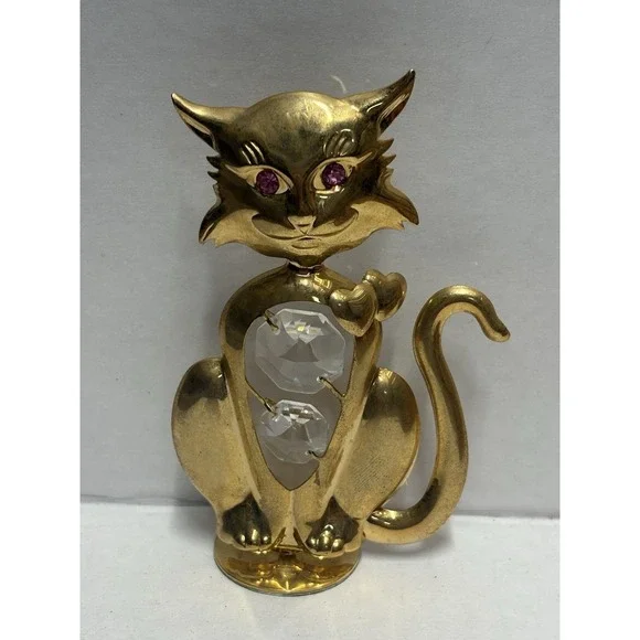 Cat Kitty 24 Gold Plated Austrian Crystal Figurine Mascot USA Pink Eyes ‎ 4 in