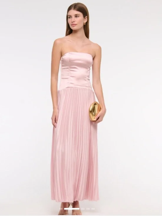 A&F Giselle Drop Waist Satin Accordion Skirt Baby Pink Strapless Maxi Dress, L