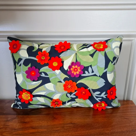 Crate & Barrel Mariza Lumbar Pillow 12x18” Floral appliqués Embroidery