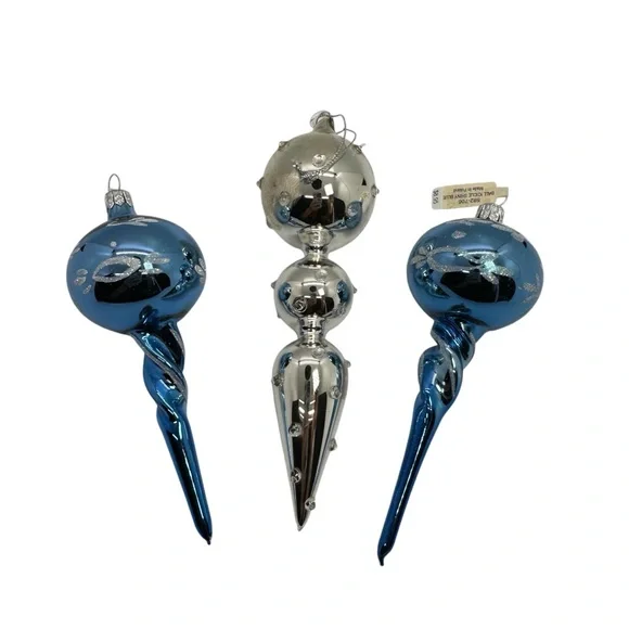 Vintage Crate&Barrel Glass Christmas Finial Ornaments Set of 3 Blue/Silver