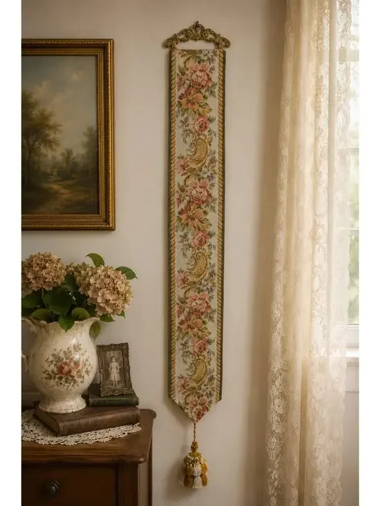 Vintage Italian Floral Tapestry Wall Hanging Bell Pull Tassel 41x5
