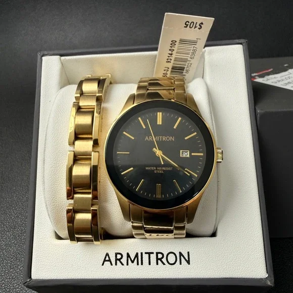 MSRP $105 Armitron 20/5374GP Men's Gold Tone Watch and Bracelet Set New Battery