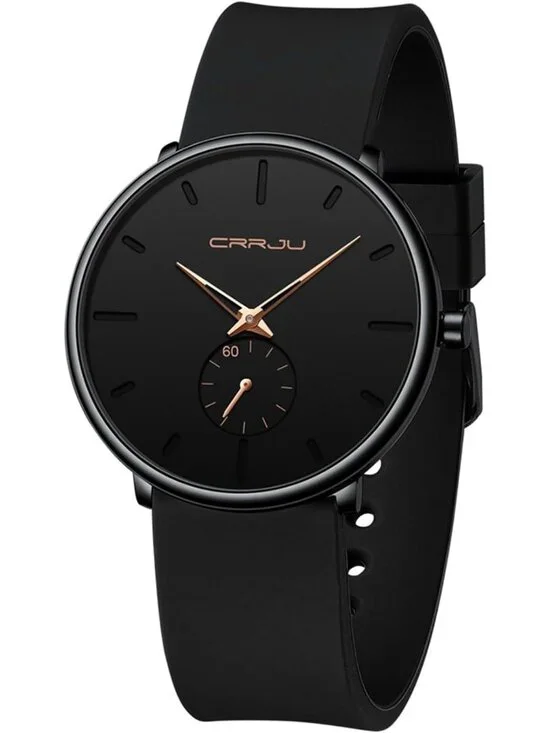 Crrju Mens Black Rose Stylish Waterproof Quartz Unisex Ultra Silicone Band Watch