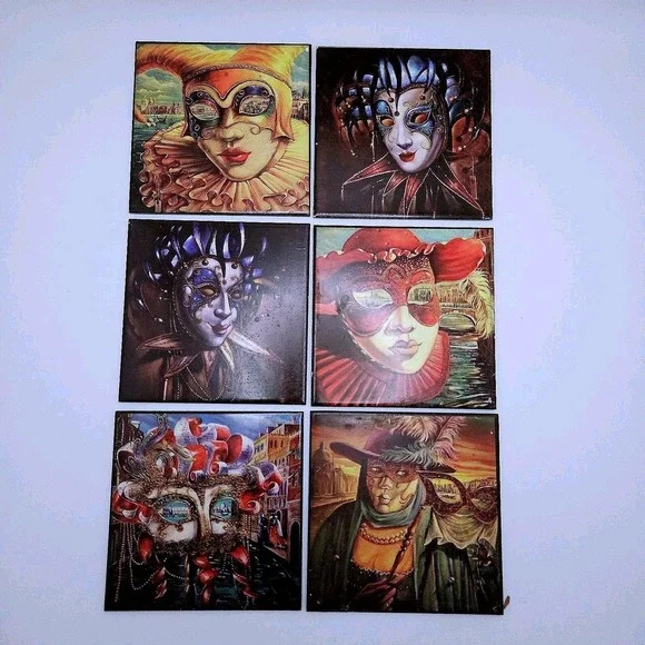 Domosa Venetian Carnival Coaster‎ Set Ceramic Multicolor Mask Jester Venice Art