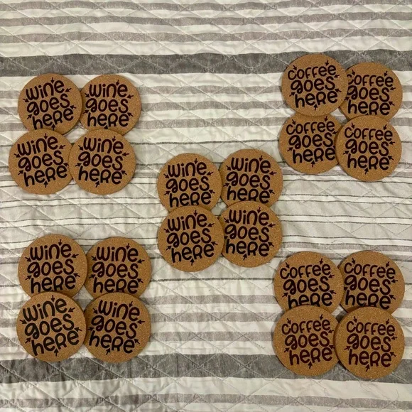 Wine & Coffee Laser Engraved Cork Coasters 12 Wine 8 Coffee Coasters