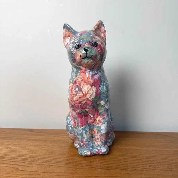 Vintage Floral Cat Figurine Ceramic‎ Sitting Kitten Home Decor Collectible