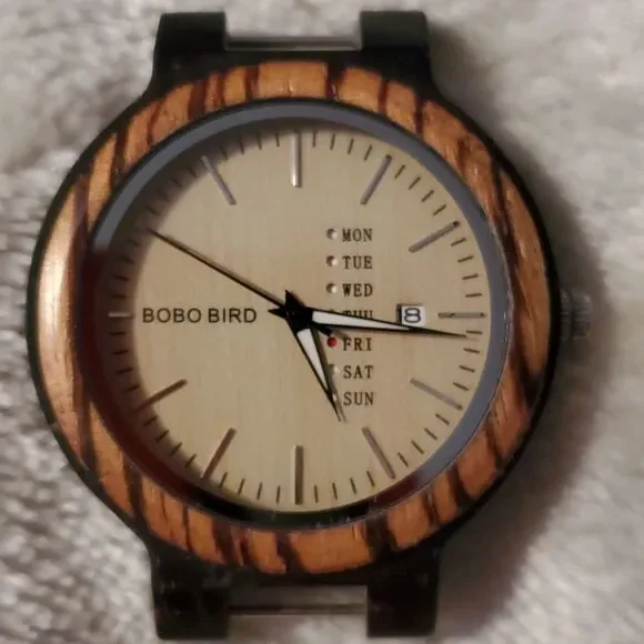 BoboBird Wooden Mens Watch With Date & Day Needs Band Clasp‎ Works New Battery