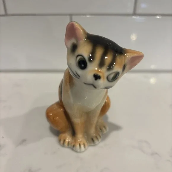 VTG Hand Painted Sitting Cat Figure Porcelain Orange Tiger Calico Tabby‎ Kitten