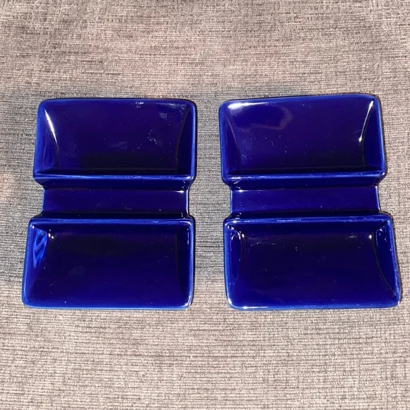 2 Crate & Barrel Cobalt Blue Ceramic Sushi Dipping Plates with Chopstick Rest