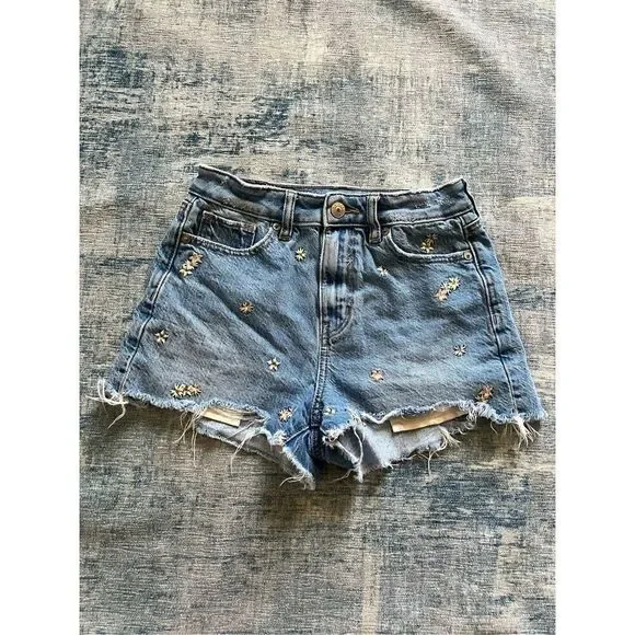 American Eagle Distressed Floral Embroidered High Rise Denim Mom Shorts Size 00