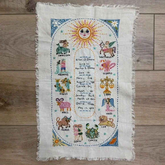 Vintage Zodiac Astrology Hand Finished Cross Stitch Bohemian Folk Art Embroidery