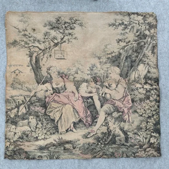 Vintage French Country Tapestry Fabric Panel Pastoral Scene‎ Figures Sheep Birds