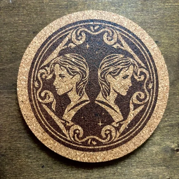 Gemini Artistic Zodiac Design Laser Engraved Cork Coaster