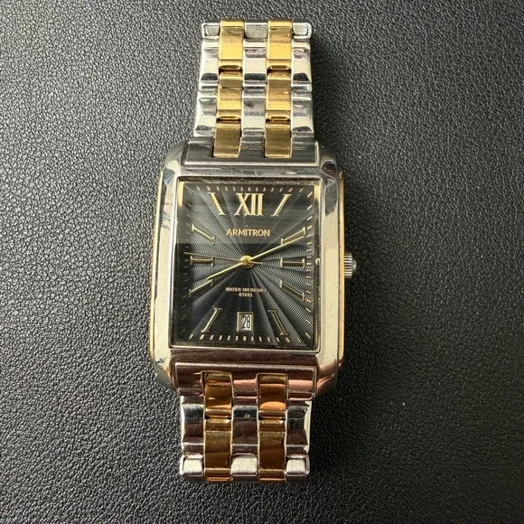 Armitron 20/5499TT Men's Date Black Dial Two Tone Bracelet Watch New Battery J