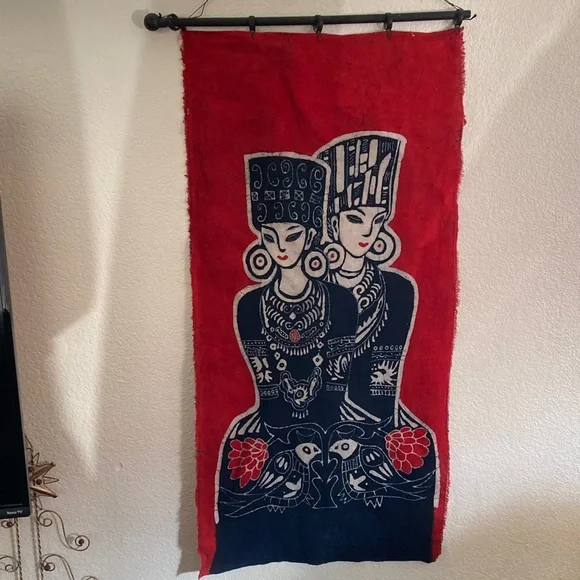 Batik Red and Blue Artistic Wall Hanging a couple birds ethnic bright