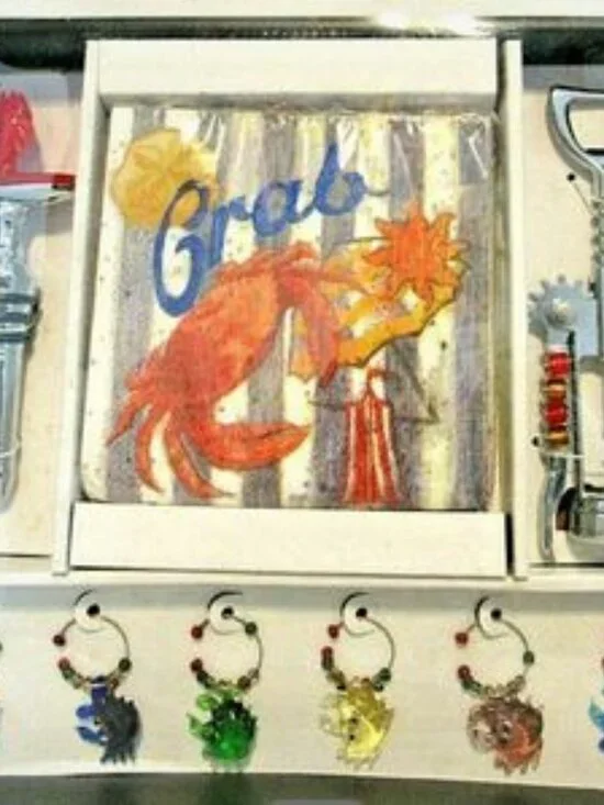 Bar Set Wine Corkscrew Stopper Metal & Glass Charms & Napkins Crab Sealife New