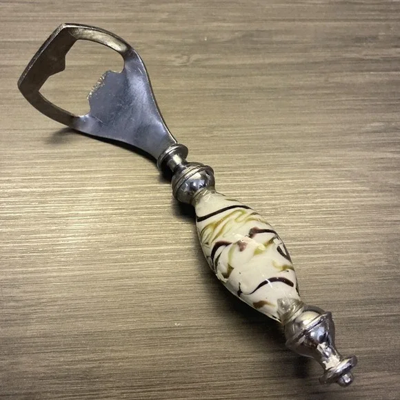 Bottle Opener With White Glass Handle‎ Purple And Gold Swirls