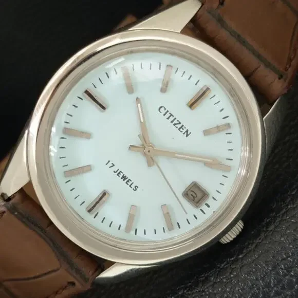 Vintage 1989 Citizen Manual Mens Silver Watch W/daydate & Blue accents